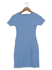 Vorschaubild 1 von Freizeitkleid Damen Blau Rippstrick Rüschen Gr. 38/M Minikleid Baumwolle