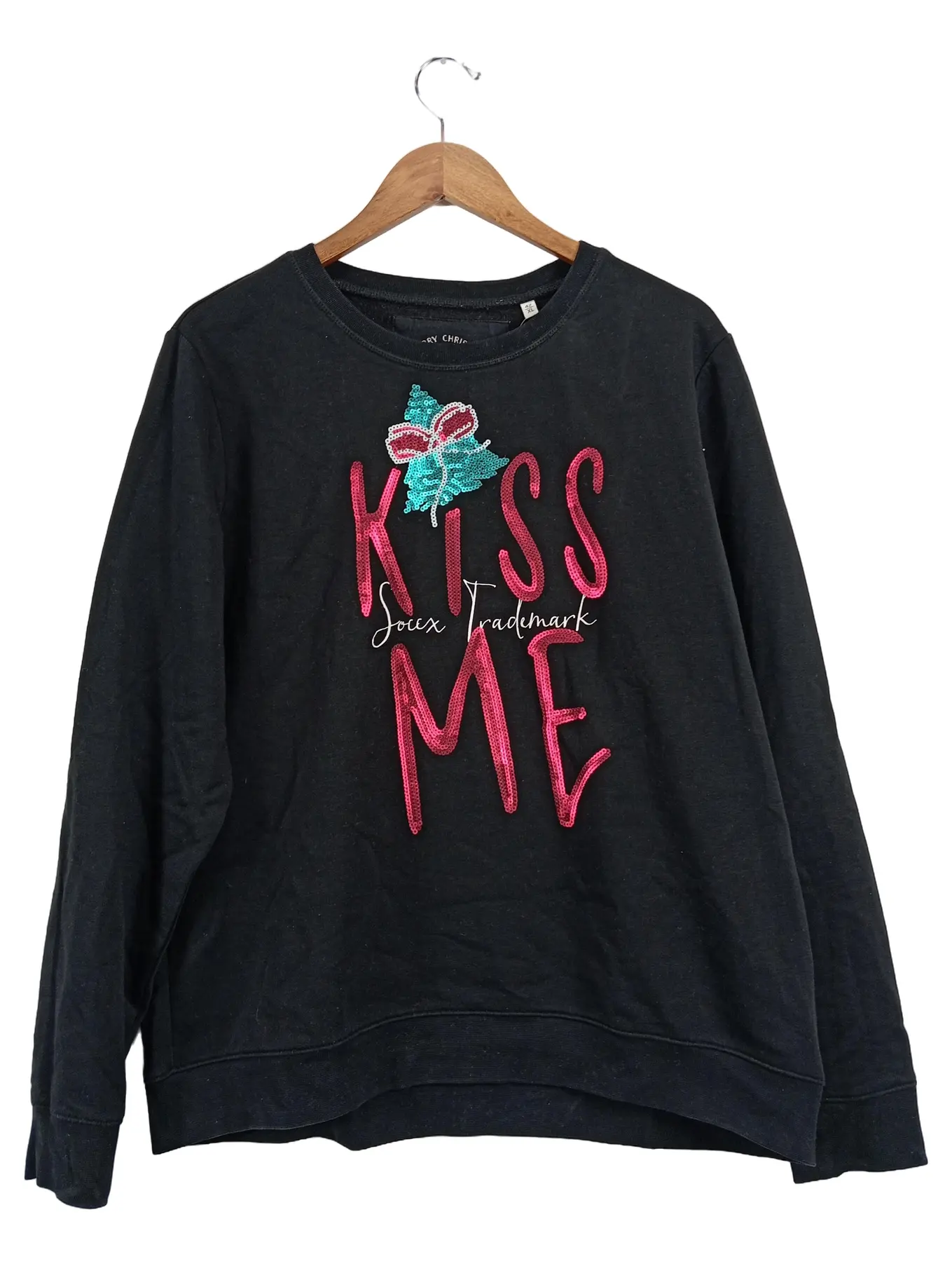 SOCCX Damen Sweatshirt Schwarz 42/XL Casual Pailletten Schriftzug Kiss Me