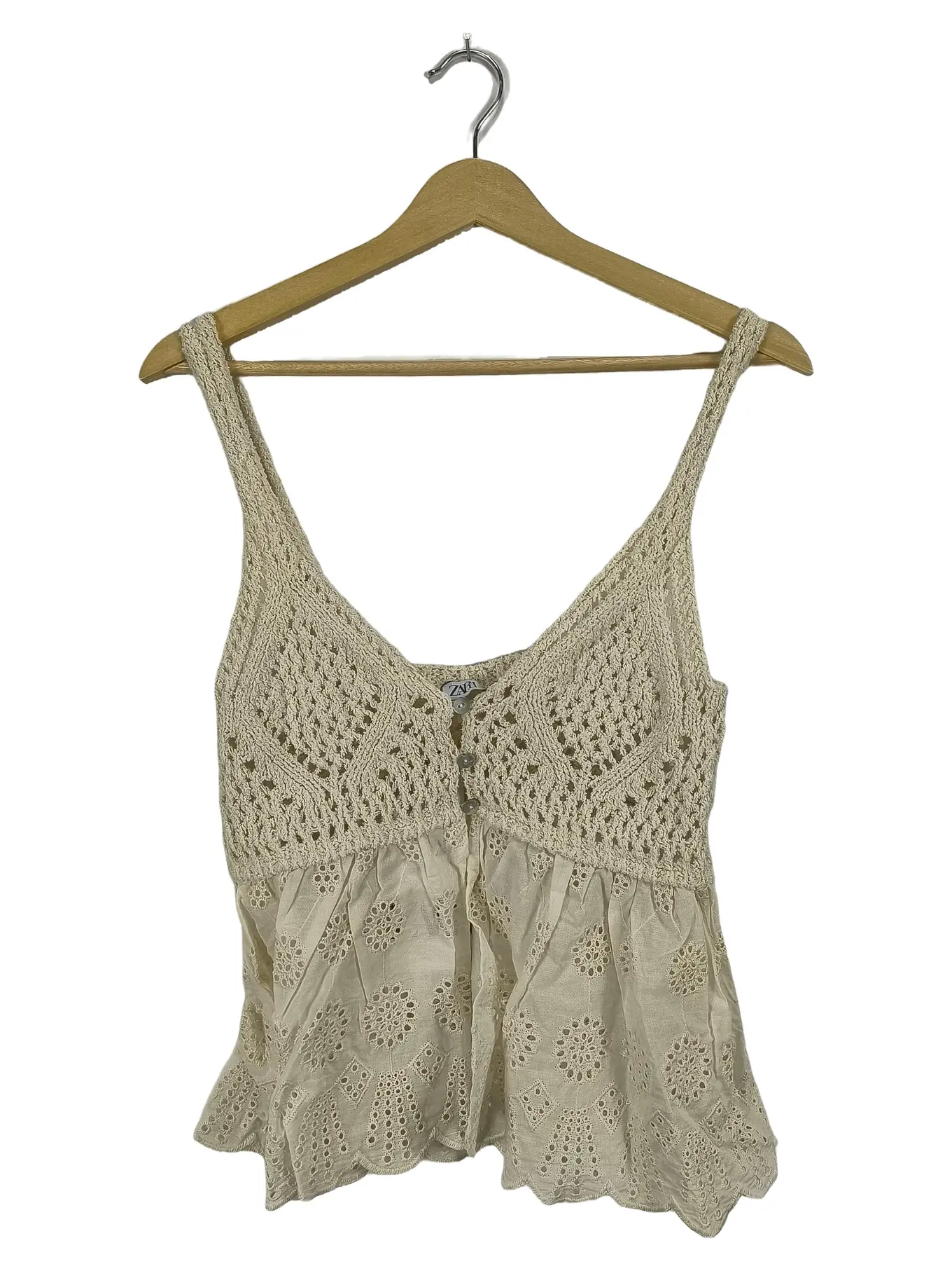 ZARA Häkeltop Damen Gr. 38/M Ärmellos Lochmuster Beige Freizeit