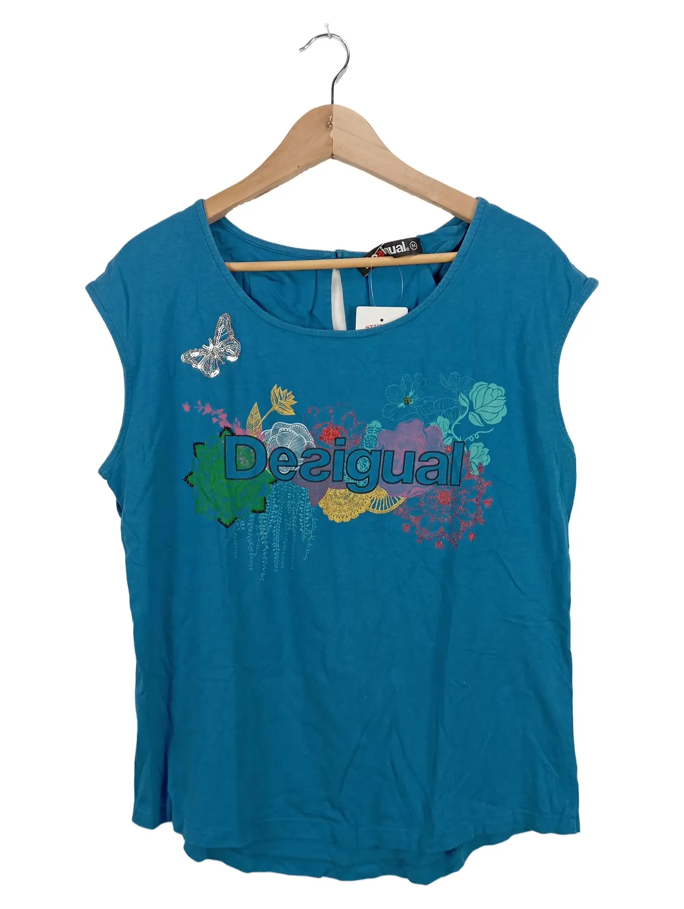DESIGUAL Damen T-Shirt Türkis Blumenmuster Pailletten Gr. M