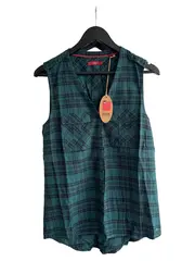 Vorschaubild 1 von edc Damen Bluse Kariert Petrol Ärmellos Gr. 34 XS Freizeit Baumwolle
