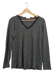 Vorschaubild 1 von Damen Langarmshirt Gr. 38 Grau V-Ausschnitt Spitze Meliert