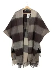 Vorschaubild 1 von Damen Poncho Kariert Braun Grau Fransen Wolle Gr. M