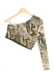 Vorschaubild 2 von Damen Langarmshirt 38/M Grün Modern Abstrakt One-Shoulder Cropped
