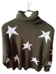 Vorschaubild 1 von Damen Pullover Gr. 40/L Grün Sterne Rollkragen Casual Strick