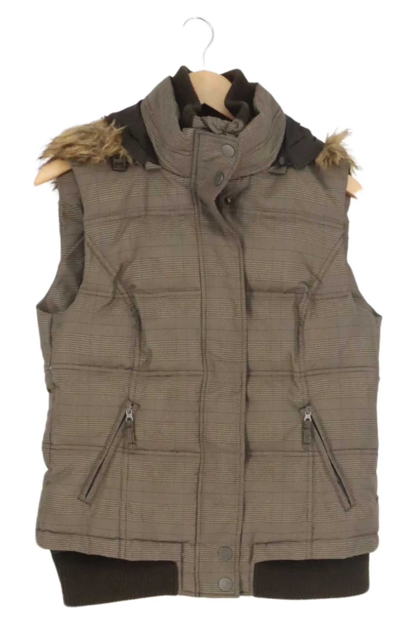 TOM TAILOR Damen Steppweste Gr. 38/M Braun Kariert Kapuze Fellbesatz Outdoor Casual