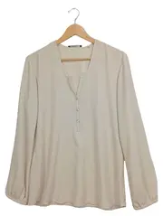 Vorschaubild 1 von Damen Bluse Langarm Gr. 38/M Beige V-Ausschnitt Basic