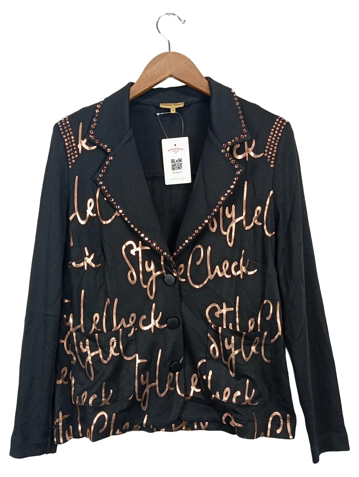 SARAH KERN Damen Blazer Jacke Gr. 38 Schwarz Modisch Strass Schriftzug