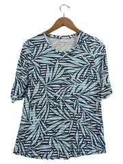 Vorschaubild 1 von Damen T-Shirt Gr. 40 Blau Weiß Blättermuster Viskose Kurzarm