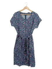 Vorschaubild 1 von Damen Hemdblusenkleid Blumenmuster Leinen Midikleid Blau Gr. 40