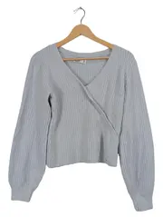 Vorschaubild 1 von Wickelpullover Damen Gr. L Grau Flauschig Cropped Strick