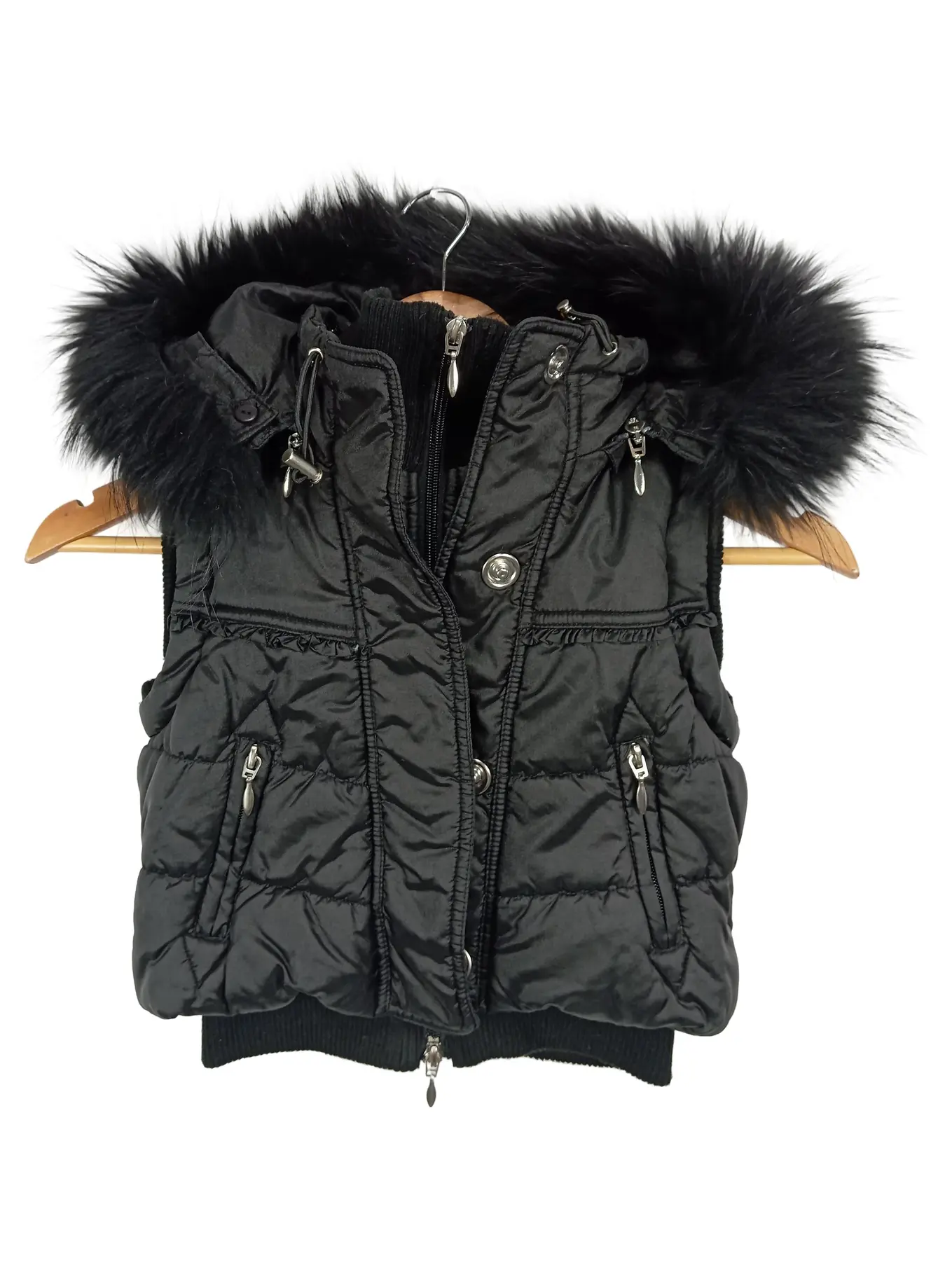 MONNALISA Kinder Steppweste Gr. 32/50 Schwarz Outdoor Kapuze Fellbesatz