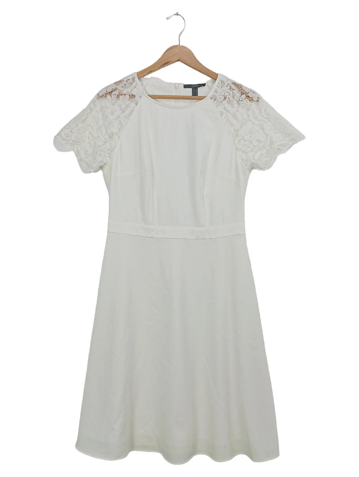 ESPRIT festliches Kleid Gr. 36/S Weiß Spitze elegant Midikleid Kurzarm