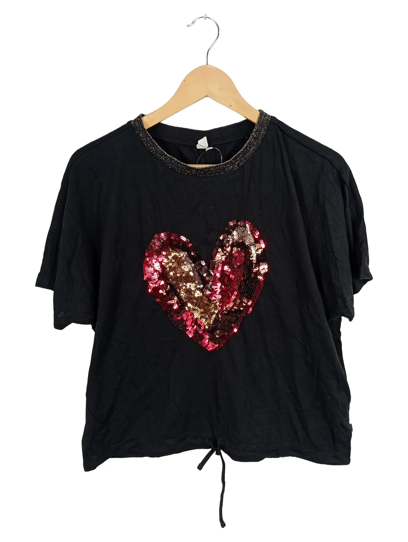 Q/S DESIGNED BY Damen T-Shirt Kurzarm Schwarz Gr. 38/M Pailletten Glitzer