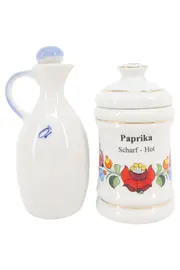 Vorschaubild 1 von Essig Öl Dosierer & Paprika Streuer Set Keramik Weiß Vintage Blumen