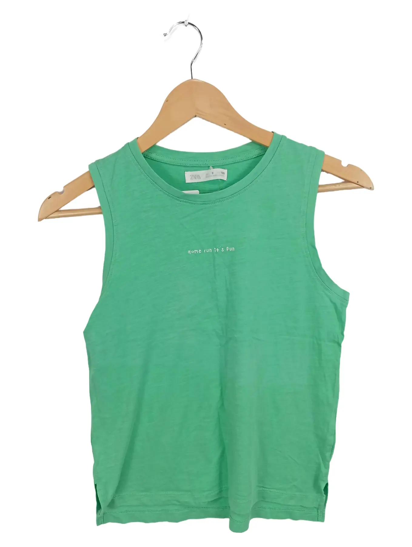 ZARA Kinder Top Tanktop Ärmellos Grün Gr. 128 Casual Schriftzug