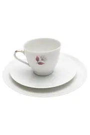 Vorschaubild 1 von Sammelgedeck Porzellan Weiß Blumenmotiv 3-teilig Tasse Untertasse Teller