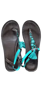 Vorschaubild 3 von Damen Zehentrenner Sandalen Gr. 38 Braun Türkis Blumen Quasten