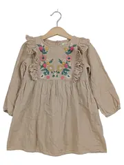 Vorschaubild 1 von Baby Mädchen Kleid Gr. 104 Beige Blumenstickerei Rüschen Langarm