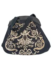Vorschaubild 2 von Damen Henkeltasche Schwarz Baumwolle Boho Florale Stickerei Groß 40x45cm