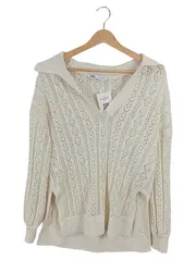 Vorschaubild 1 von Damen Strickpullover Lochmuster Kragen Beige Gr. XS