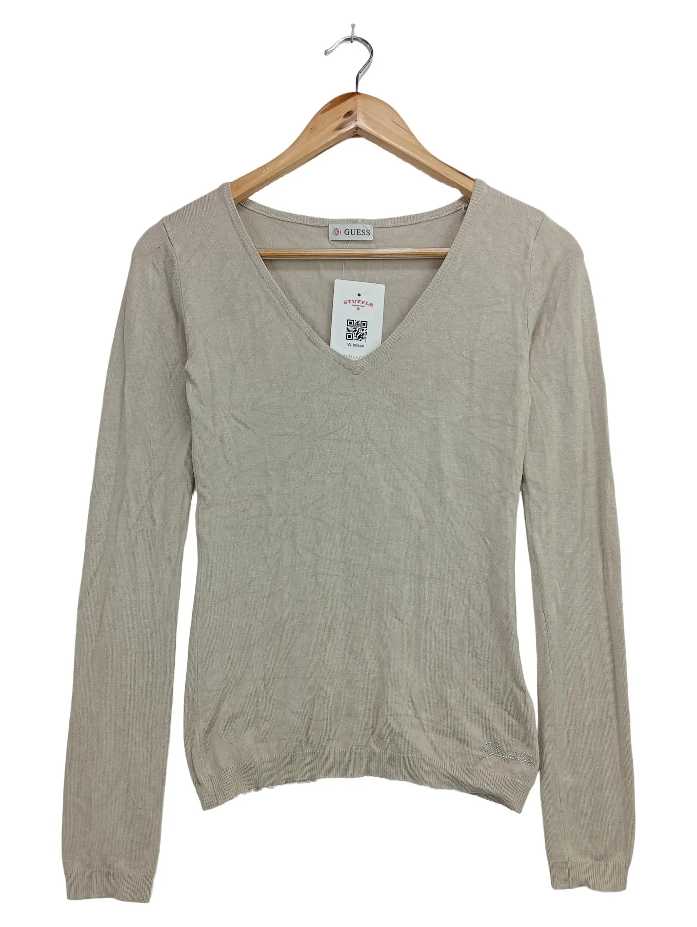 GUESS Damen Pullover Gr. 34/XS Beige V-Ausschnitt Klassisch