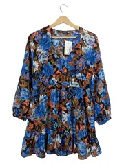 Vorschaubild 1 von Sommerkleid Damen M Blumenmuster Boho Langarm V-Ausschnitt Blau