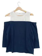 Vorschaubild 1 von Damen Top Off-Shoulder Lochstickerei Blau Weiß Gr. M