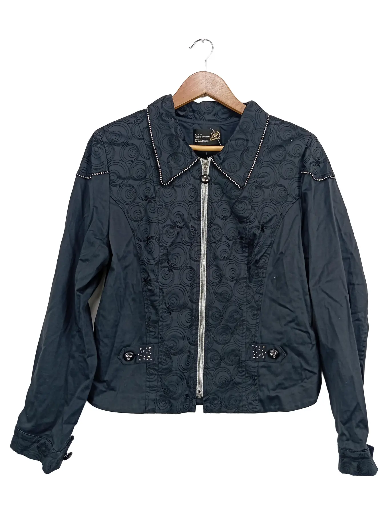 L & F CREATION Leichte Jacke Damen Gr. 40 Schwarz Modern Strass