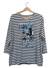 Vorschaubild 1 von Damen Langarmshirt Gr. 44 Maritim Gestreift Blau Weiß Blumen