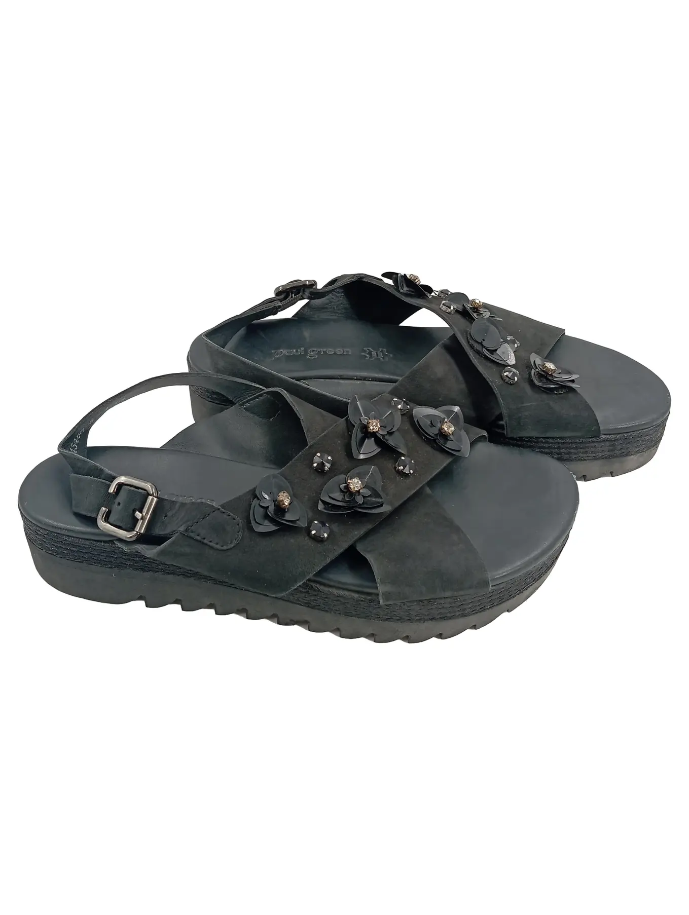 PAUL GREEN Sandaletten Damen Gr. 38 Schwarz Wildleder Schnalle Applikationen