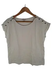 Vorschaubild 1 von Damen T-Shirt Gr. L Weiß Kurzarm Zierknöpfe Schulter Casual