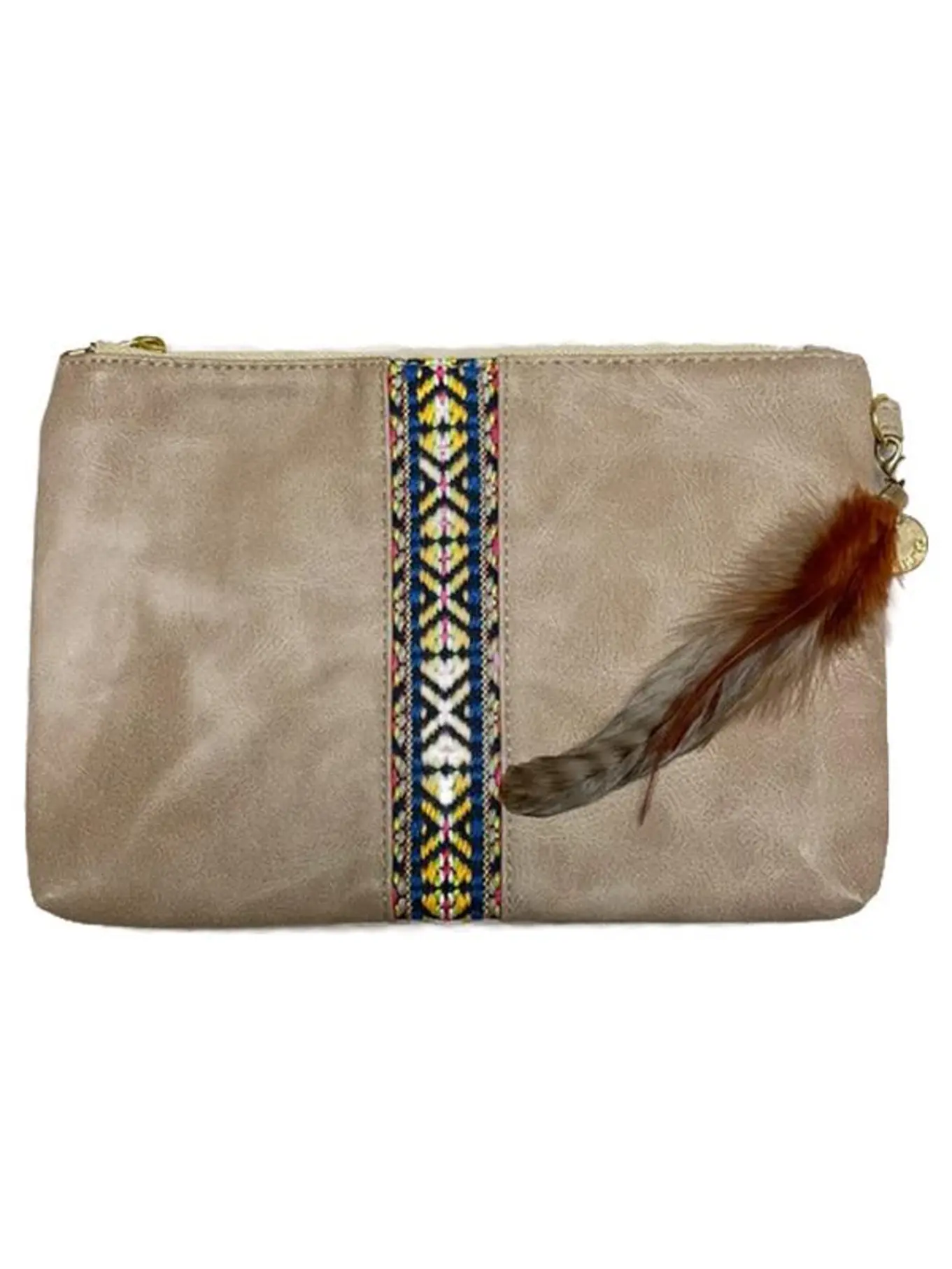 KIM&ZOZI Damen Clutch Beige Leder Feder-Anhänger Casual Bohemian Tasche