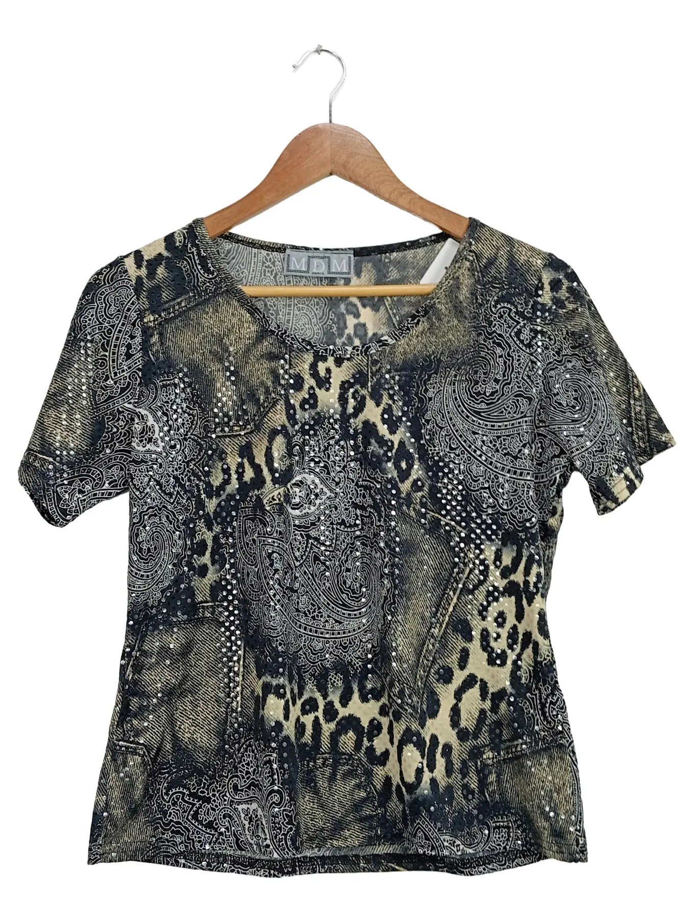 MDM PARIS MDM Damen T-Shirt Leopard Muster Glitzer Mehrfarbig Gr. 40/L Casual