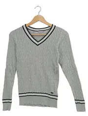 Vorschaubild 1 von Pullover Herren Zopfstrick V-Ausschnitt Grau Baumwolle Gr. M