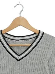 Vorschaubild 2 von Pullover Herren Zopfstrick V-Ausschnitt Grau Baumwolle Gr. M
