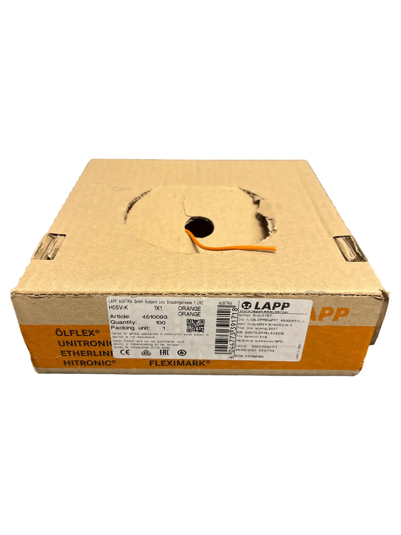 LAPP H05V-K Netzkabel Einzelader Schaltlitze Orange 100m Rolle