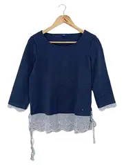 Vorschaubild 1 von Damen Pullover Gr. 36/S Blau Casual mit Lochmuster & Schleifen