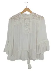 Vorschaubild 1 von Damen Bluse Weiß Gr. 38, M mit Quasten Spitze Stickerei Bohemian