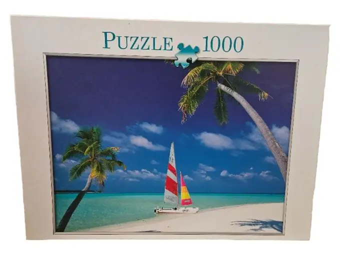 Puzzle Für Erwachsene 1000 Teile – Sommer-Strand-Motiv Mit Sonnenuntergang, Segelboot, Hütte – Fertig 50 X 70 Cm