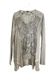 Vorschaubild 1 von Damen Langarmshirt Gr. 38/M Grau Blumenmuster Pailletten Casual
