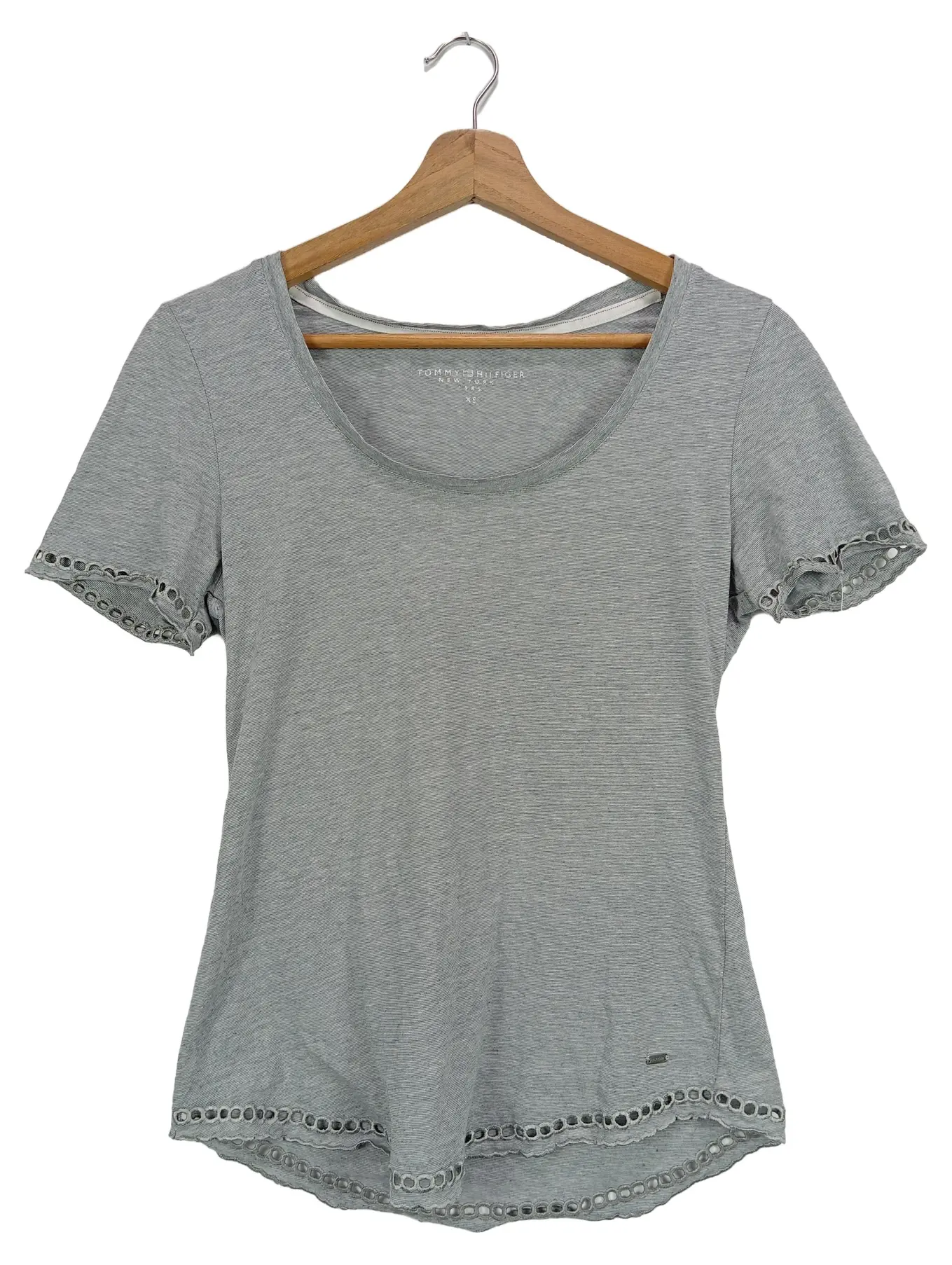 TOMMY HILFIGER Damen T-Shirt Grau Gr. 34/XS Klassisch Elegant Lochmuster