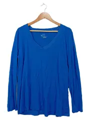 Vorschaubild 1 von Damen Langarmshirt Gr. 42/XL Blau Basic V-Ausschnitt