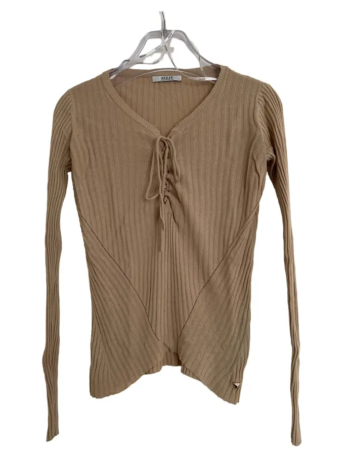 GUESS Damen Langarmshirt Beige 34/XS Rippstrick Casual