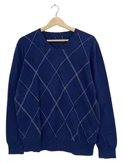 Vorschaubild 1 von Herren Pullover Argyle V-Ausschnitt Blau Gr. L Baumwolle Klassisch