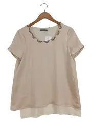 Vorschaubild 1 von Damen Bluse Beige Gr. 34/XS Kurzarm mit Perlenbesatz Feminin