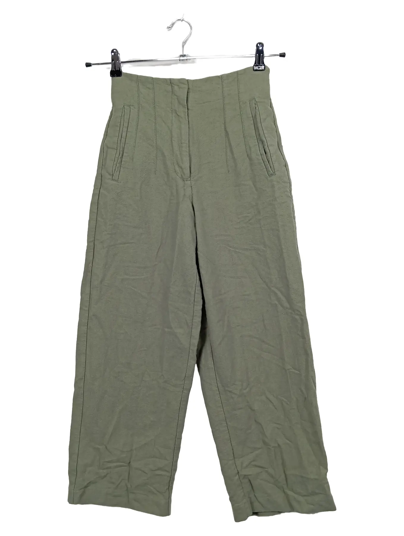 ZARA Stoffhose Damen Hose XS W26 34 Oliv Leinen Mix Culotte High Waist Casual