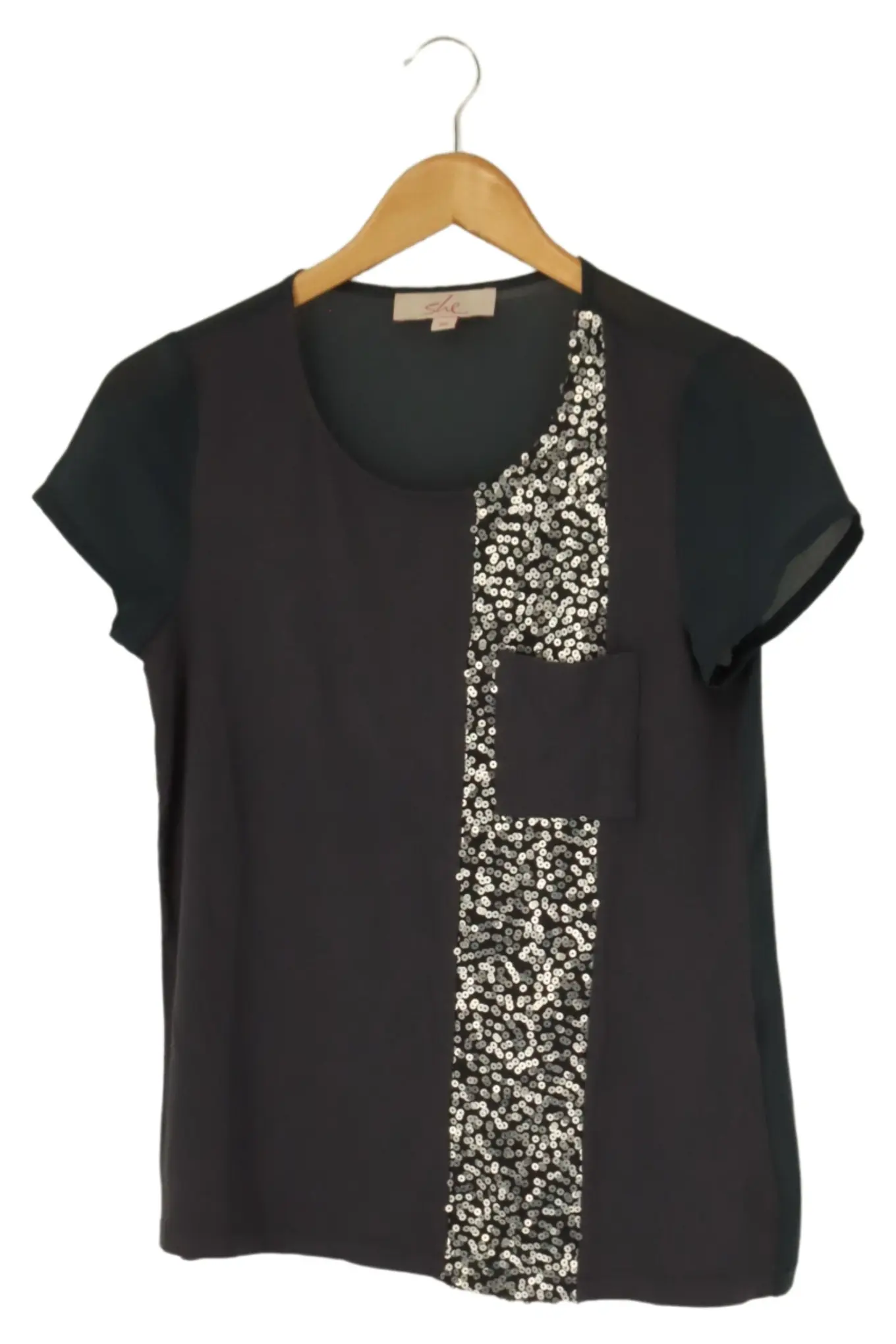 SHE Damen T-Shirt Schwarz Gr. 36/S Pailletten Elegant Casual Kurzarm