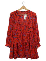 Vorschaubild 2 von Damen Sommerkleid Blumenmuster Rot Rüschen V-Ausschnitt Gr. S