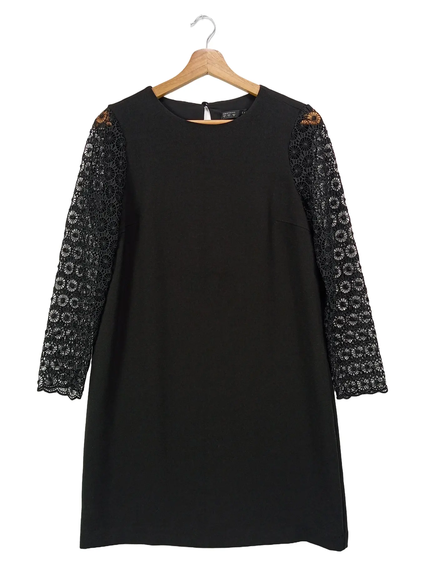 ZARA festliches Kleid Damen Gr. 36 S Schwarz Spitze Lochmuster Midikleid